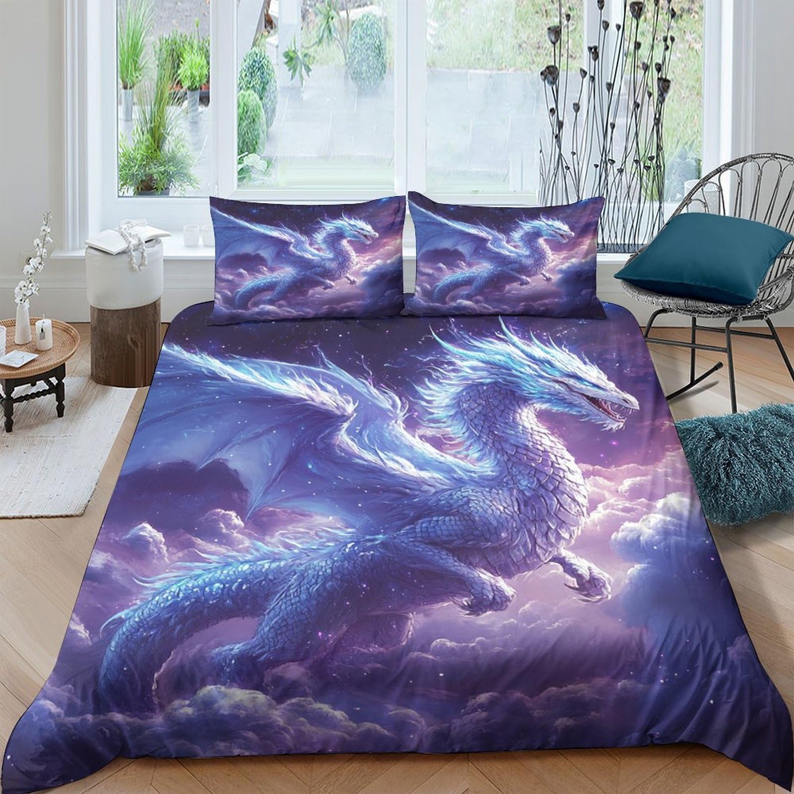 GPLZQXKJNH 3D Printed Blue Fantasy Dragon Duvet Cover Microfiber Soft Breathable Magic Sky Bedding Set with 2 Pillowcases for Bedroom Decor Single（135x200cm）
