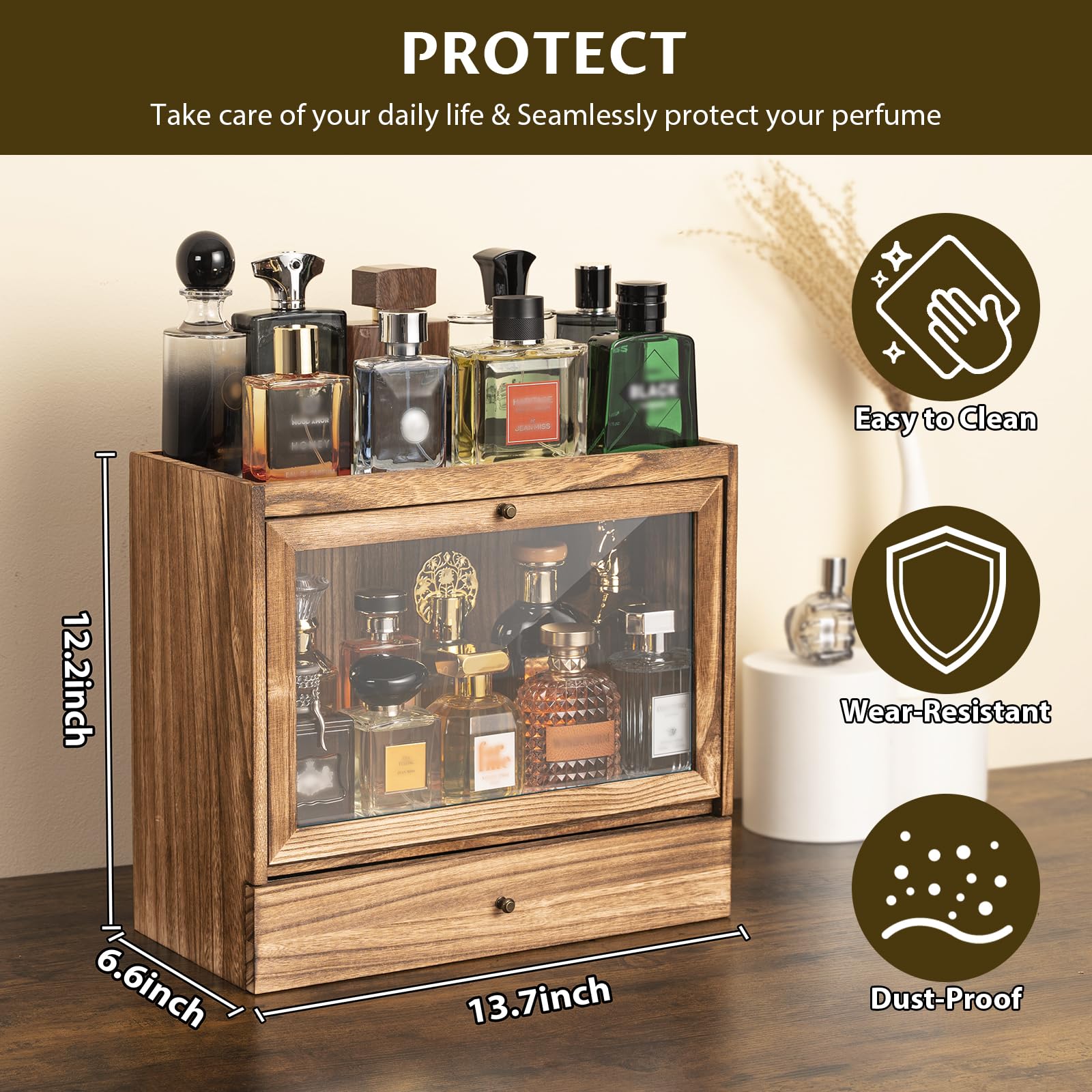 Soporte de colonia, organizador de perfume de madera maciza para hombre, organizador de perfume a prueba de polvo de gran capacidad con cajón de almacenamiento de perfumes, joyas y cosméticos