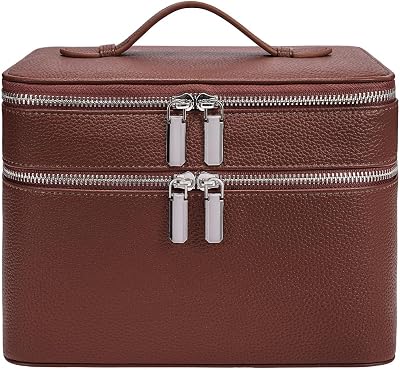 Leather Makeup Bag, Large Duo Vanity Case for Women, 9.56.57in Portable Makeup Vanity Bag (Dark Brown)
