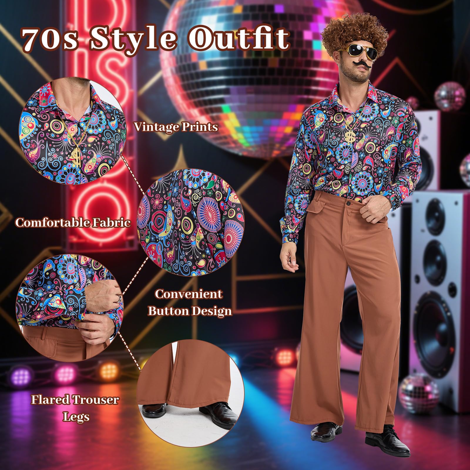 70er Jahre Disco Kostüm Herren, 7 Stücks 60s 70s Hippie Set