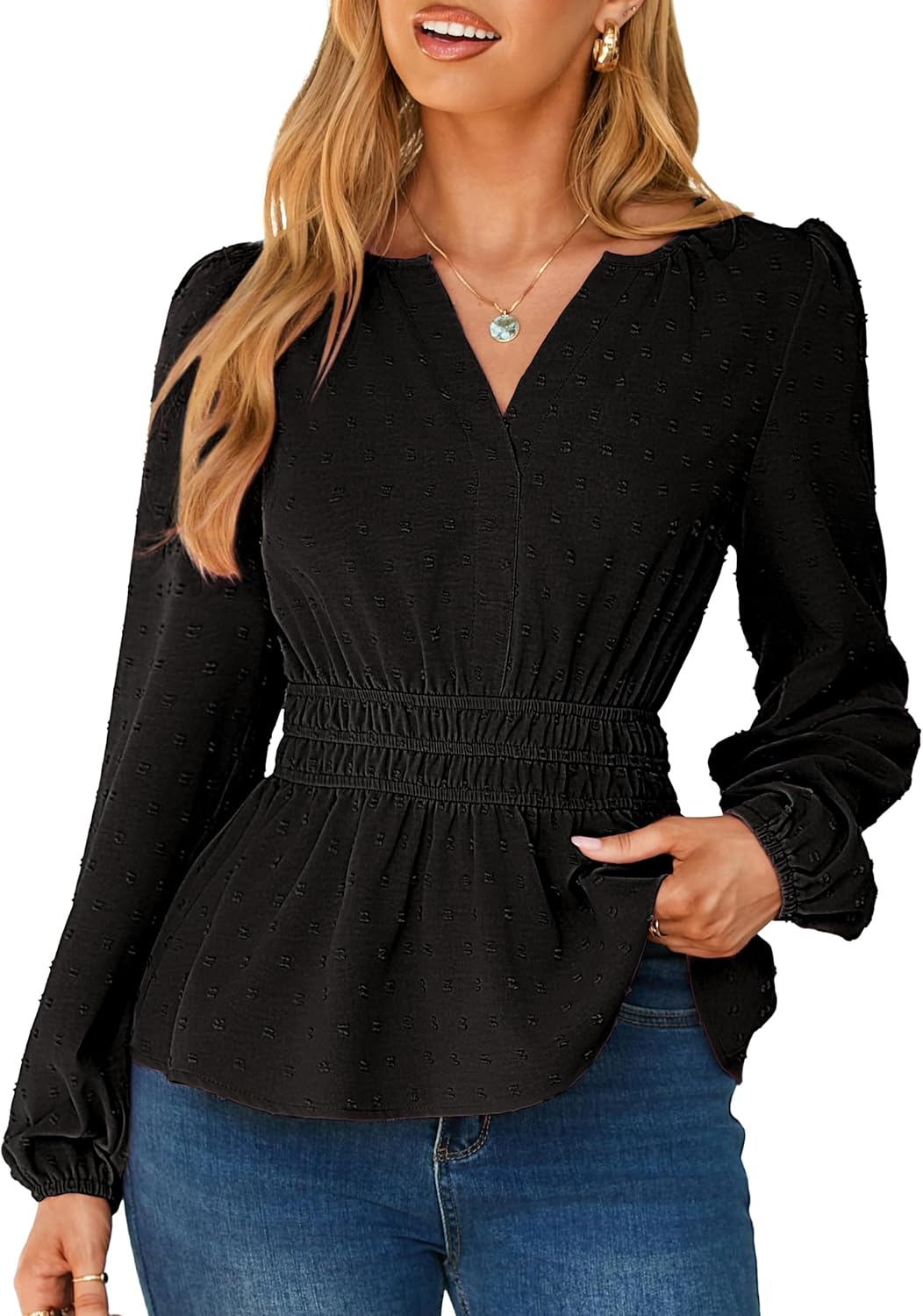 Simplee Womens Blouses Long Sleeve Peplum Boho Tops Fall Dressy Casual V Neck Swiss Dot Babydoll Tops Fashion Shirts Black Large