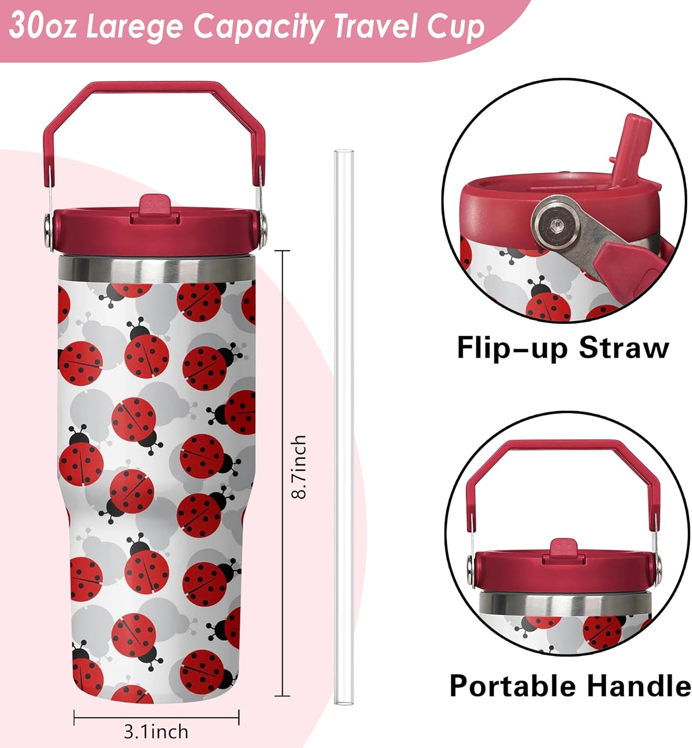 Queen Hero 30 oz Ladybug Tumbler with Handle, Large Insulated Tumbler with Flip & Straw Coffee Mug Cup Stainless Steel Gifts for Women Men Youth - Image 2