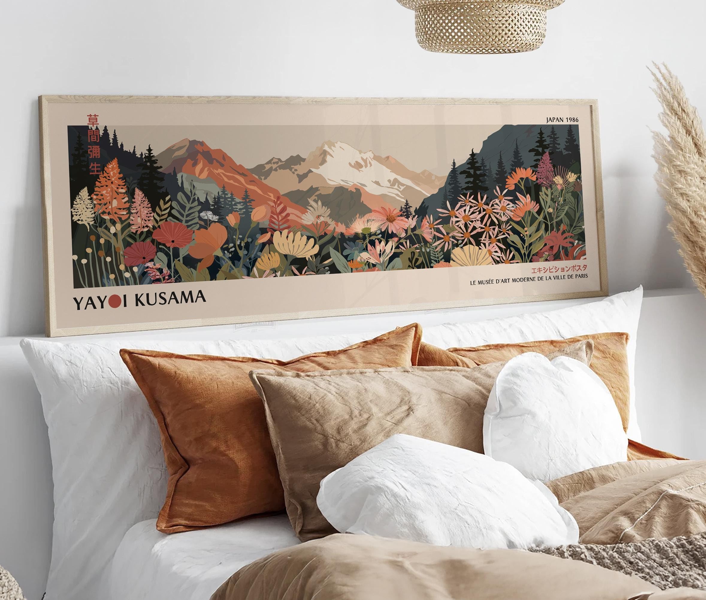 YUSUZHU Affiche de Yayoi Kusama sur les montagnes des Fidji : paysage zen japonais de style Japandi, grande toile murale (45 x 135 cm/cadre intérieur)