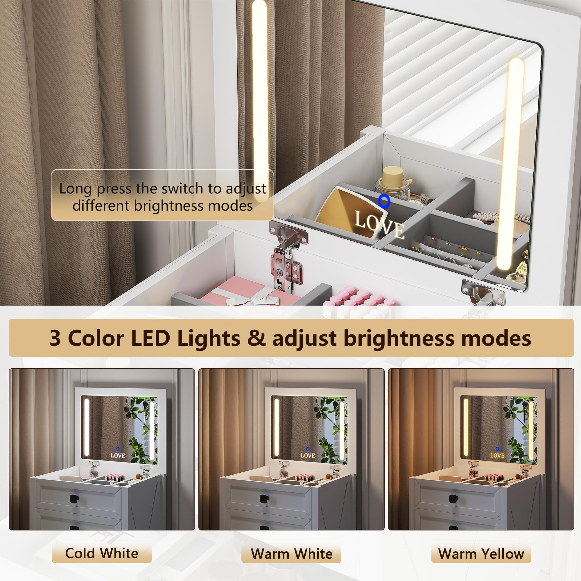 TAGELIER 3 in 1 Farmhouse Makeup Vanity,Small Vanity with flip-top Makeup Mirror&LED Lights, Compact Vanity Desk with Stool for Bedroom/Cloakroom/Office,White