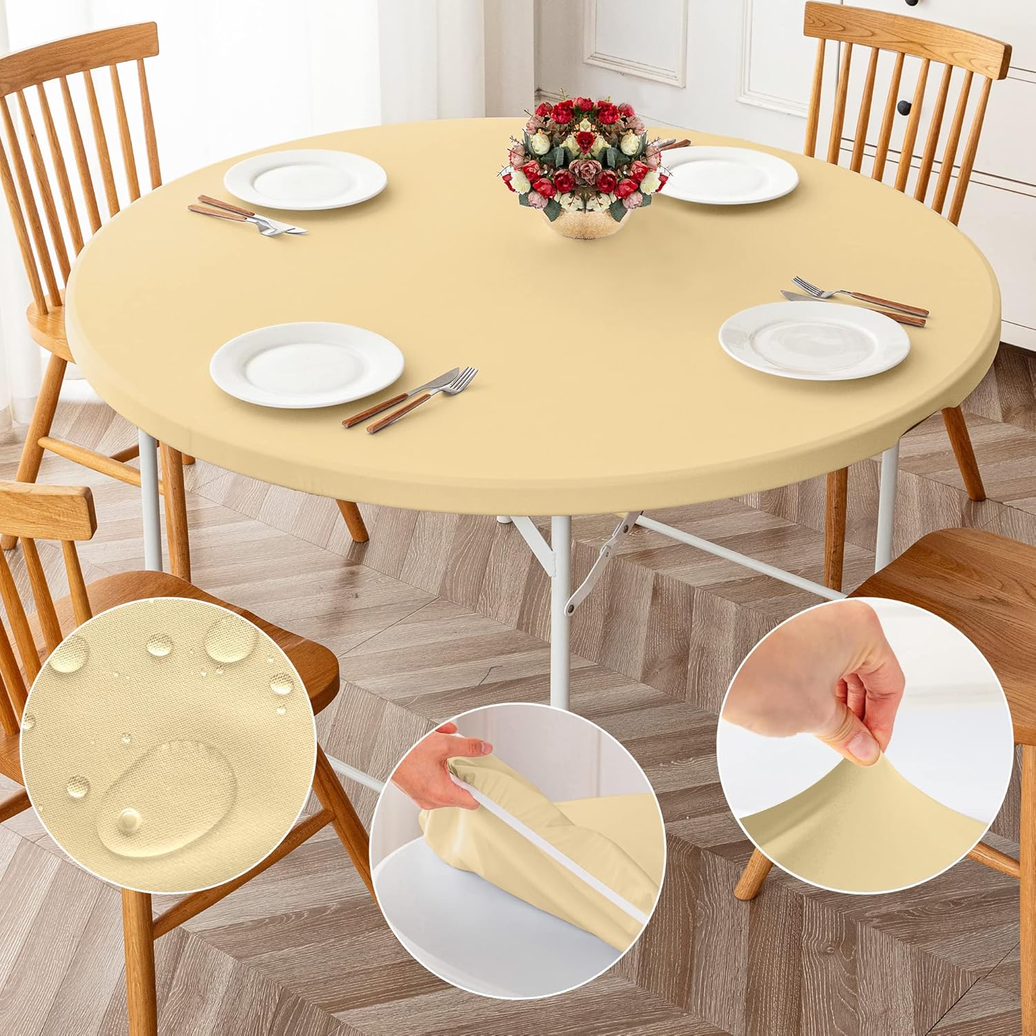 ManMengJi Round Fitted Tablecloth 2 Pack, Champagne Tablecloth with Elastic Edged, Waterproof Wipe Clean Table Cover for Outdoor/Indoor Use, Fits Tables up to 44" Diameter