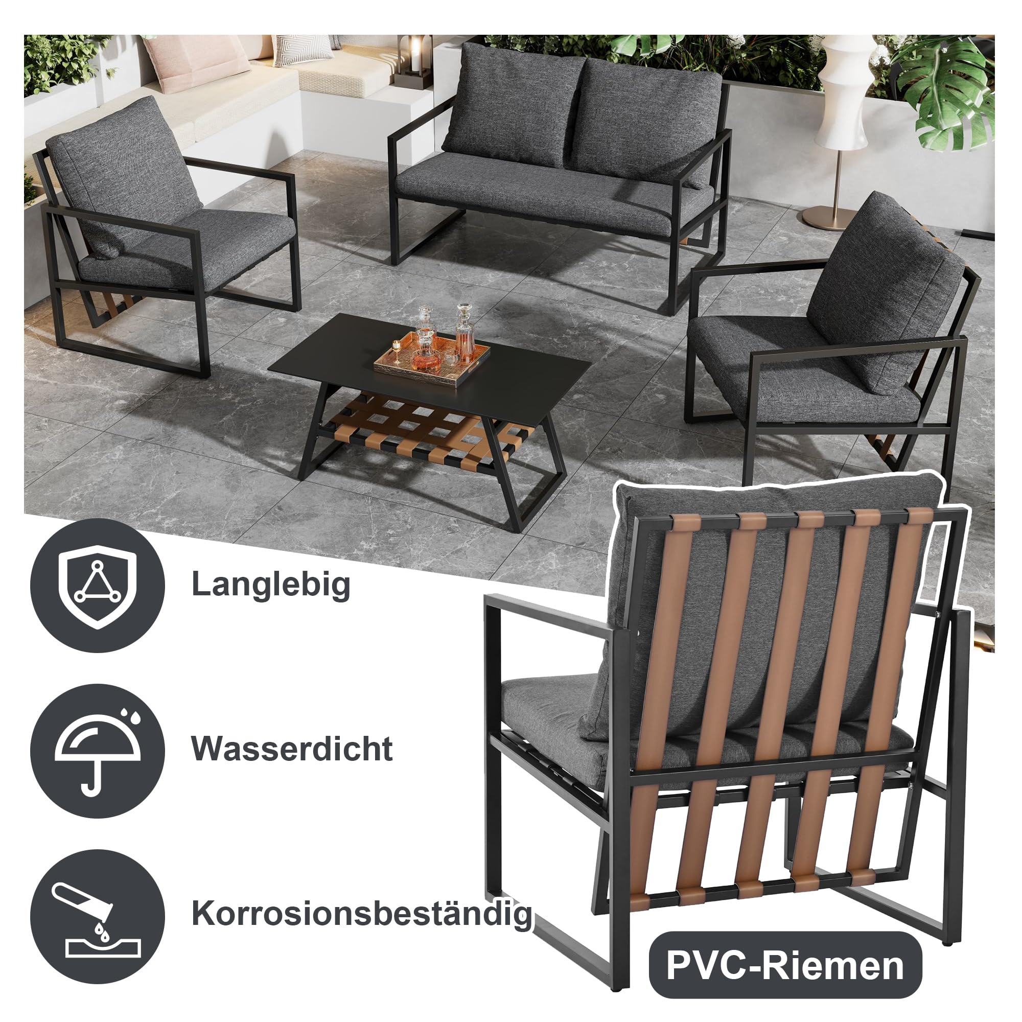 Muskel Garten Lounge Set 4-teilig Outdoor Sofa Einzelstühle Sesseln, Couchtisch, Essgruppe für Garten Balkon Terrasse, Abnehmbarer und waschbarer Stoffbezug, Schwarz