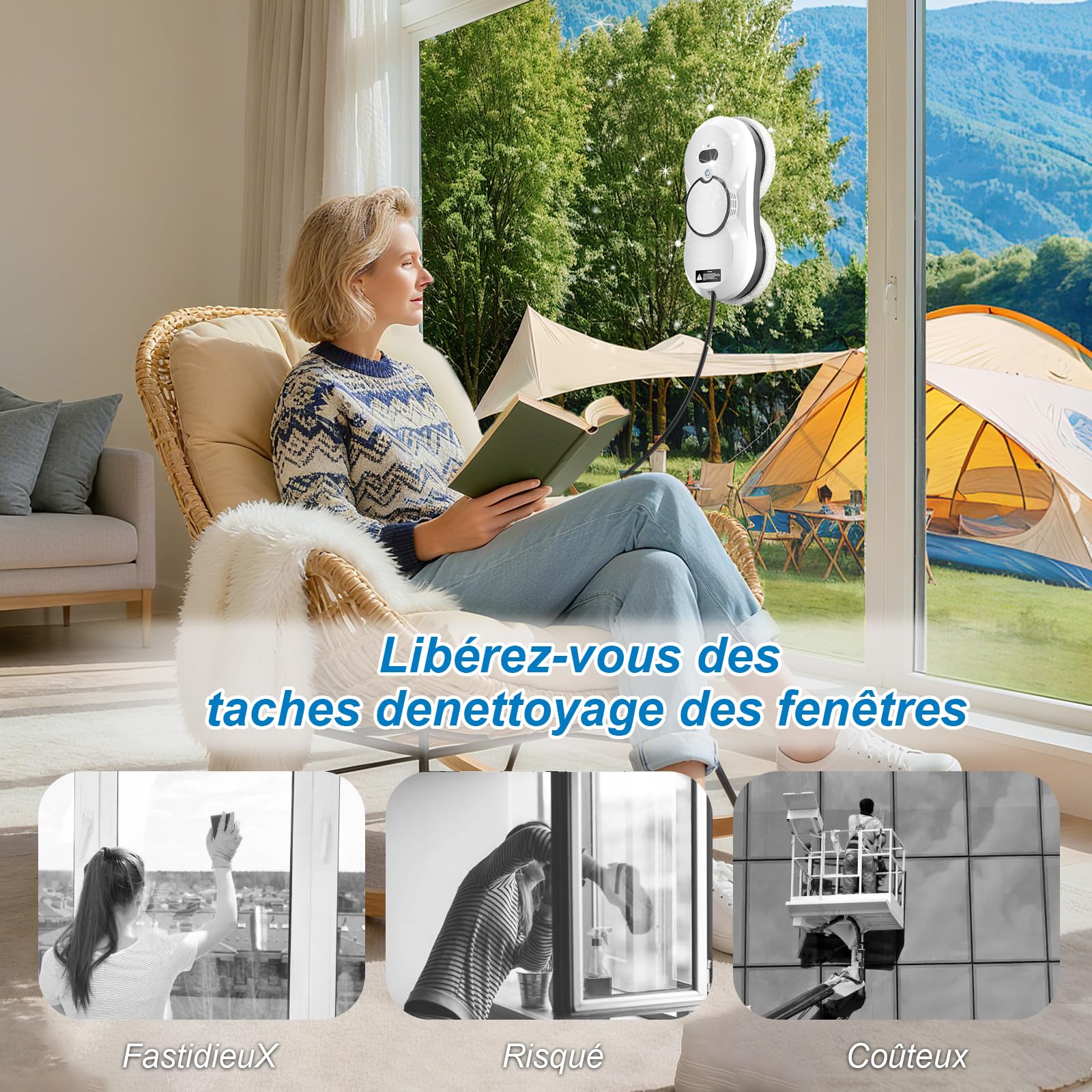Robot Laveur de Vitre pour Fenêtres avec Cadre, 5600Pa Robot Lave Vitre avec Détection des Bords, Laveur de Vitre Automatique Multi-Surfaces Lisses pour Maison et Bureau, Télécommande + 10 Chiffons