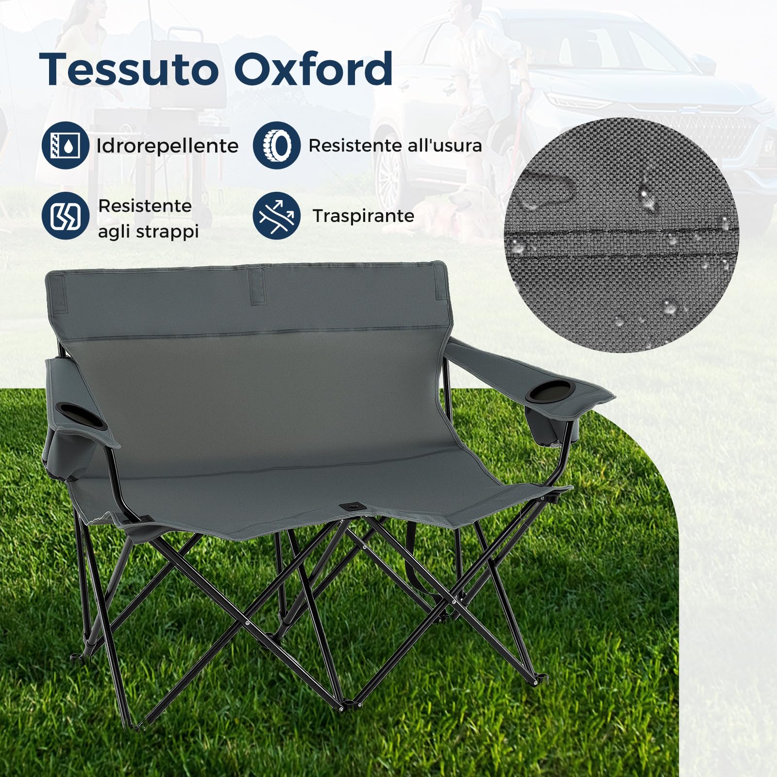 COSTWAY Sedia da Campeggio Doppia, Poltrona Pieghevole per 2 Persone con Portabicchieri, Borsa per il Trasporto, Sedia da Giardino Portatile per Spiaggia, Picnic, Pesca, Portata 300 kg (Grigio)