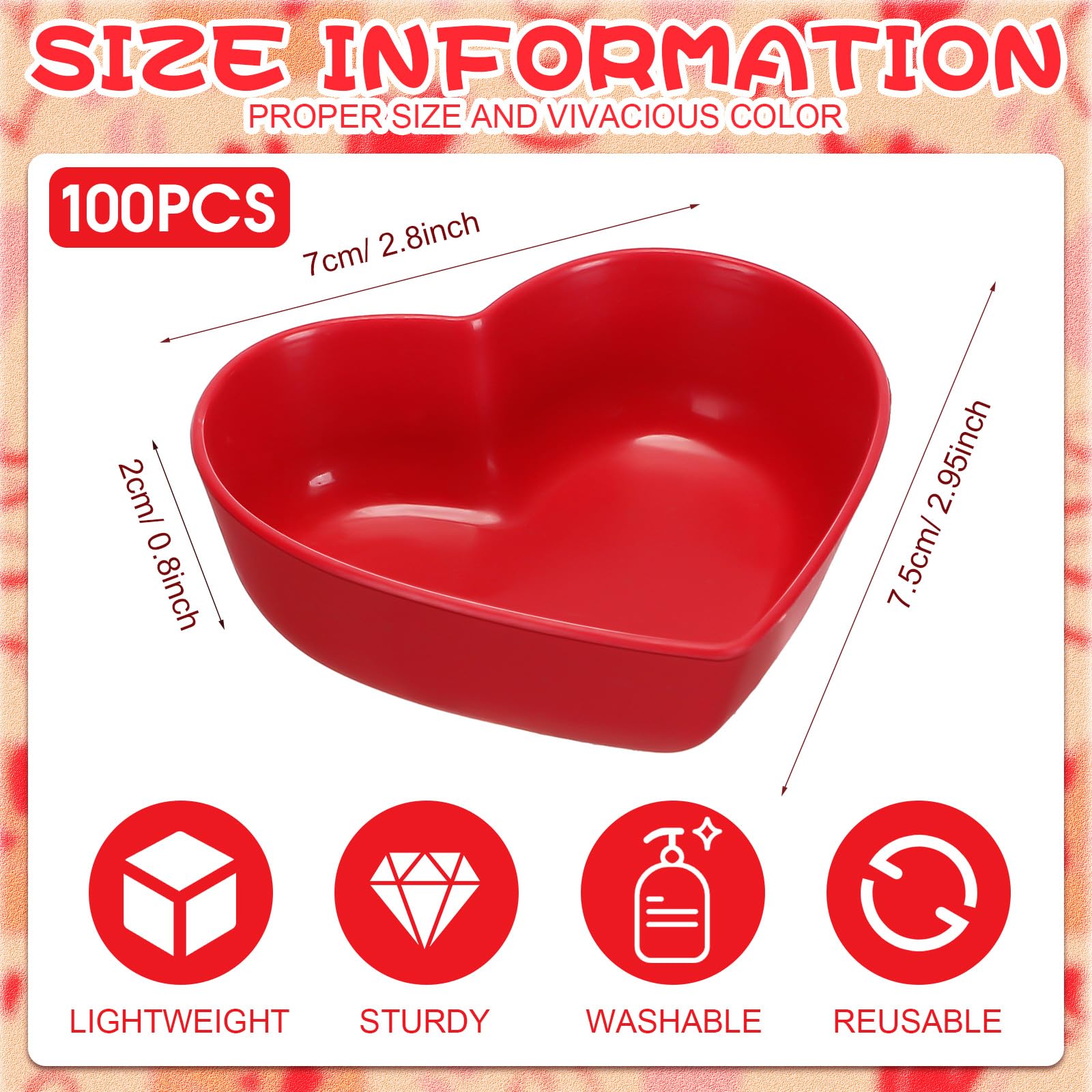 Nosiny 100 Pack Valentine's Day Heart Shaped Bowls Red Love Dishes Bowls 3 Inch Mini Plastic Appetizer Plates Unbreakable Candy Servers for Sushi Fruit Cake Snack Dessert Salad Anniversary Wedding