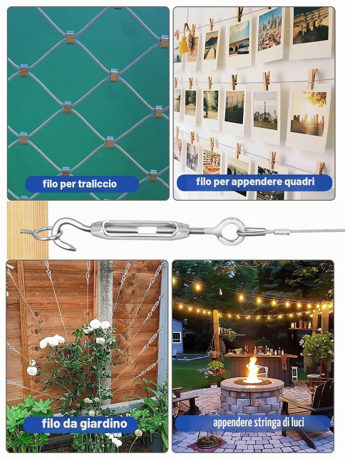 TooTaci kit Cavo Acciaio, Tenditore per filo, con 60m/2mm Cavo Metallico in Acciaio inox, Fune in Acciaio, Filo per stendere il bucato da esterno, Tende appesa, Recinzione, Giardino