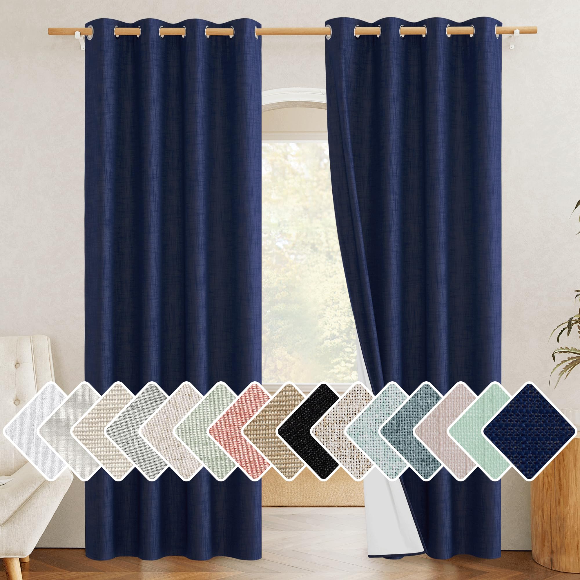NICETOWN 100% Absolutely Blackout Linen Curtains with Thermal Insulated White Liner, Dark Blue, 52" Wide, 2 Pieces, Privacy Vertical Window Drapes for