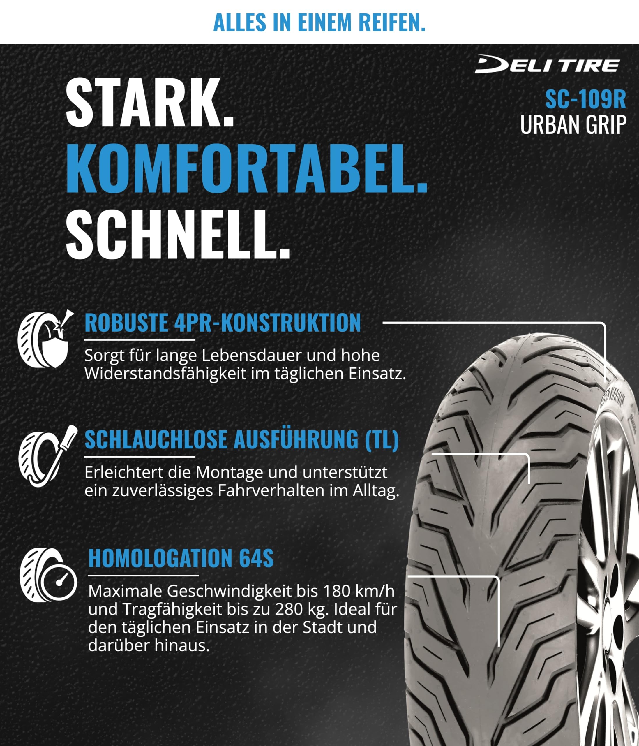 DELI TIRE SC109 140/60-14 TL 64S - Neumático trasero para motocicleta