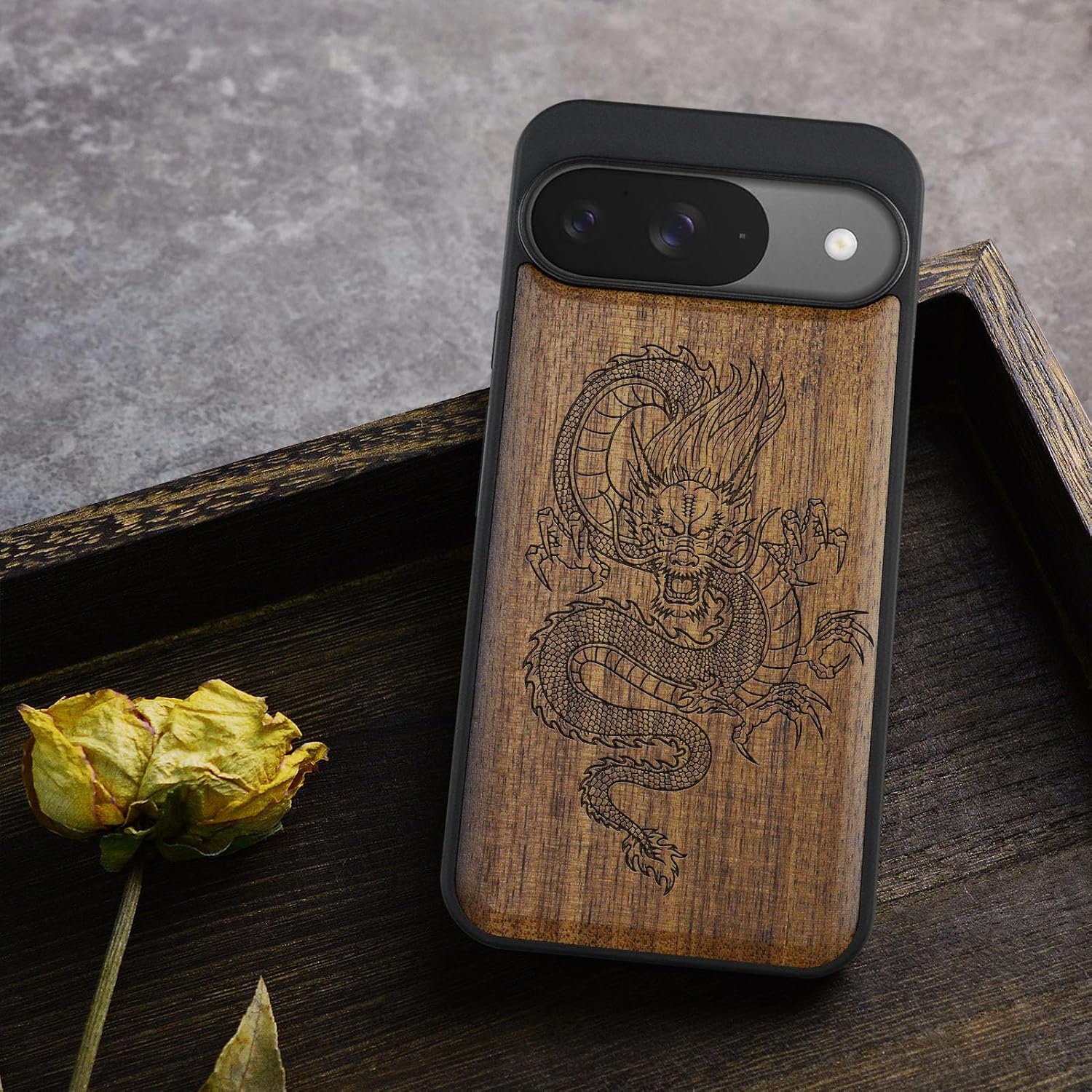 Carveit Magnetic Wooden Case for Google Pixel 9 Case, Wood Artisan Engraved & Soft TPU Shockproof Cover, Compatible with MagSafe Wireless Chargers (Oriental Dragon) Walnut