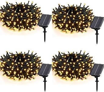 MERRIMAX M Solar Christmas String Lights Outdoor, 33ft 100 LED Solar Fairy Light 8 Modes Waterproof Xmas Lights for Garden, Patio, Home, Party, Wedding, Holiday, Tree, Outdoor Warm White, 4 Pack