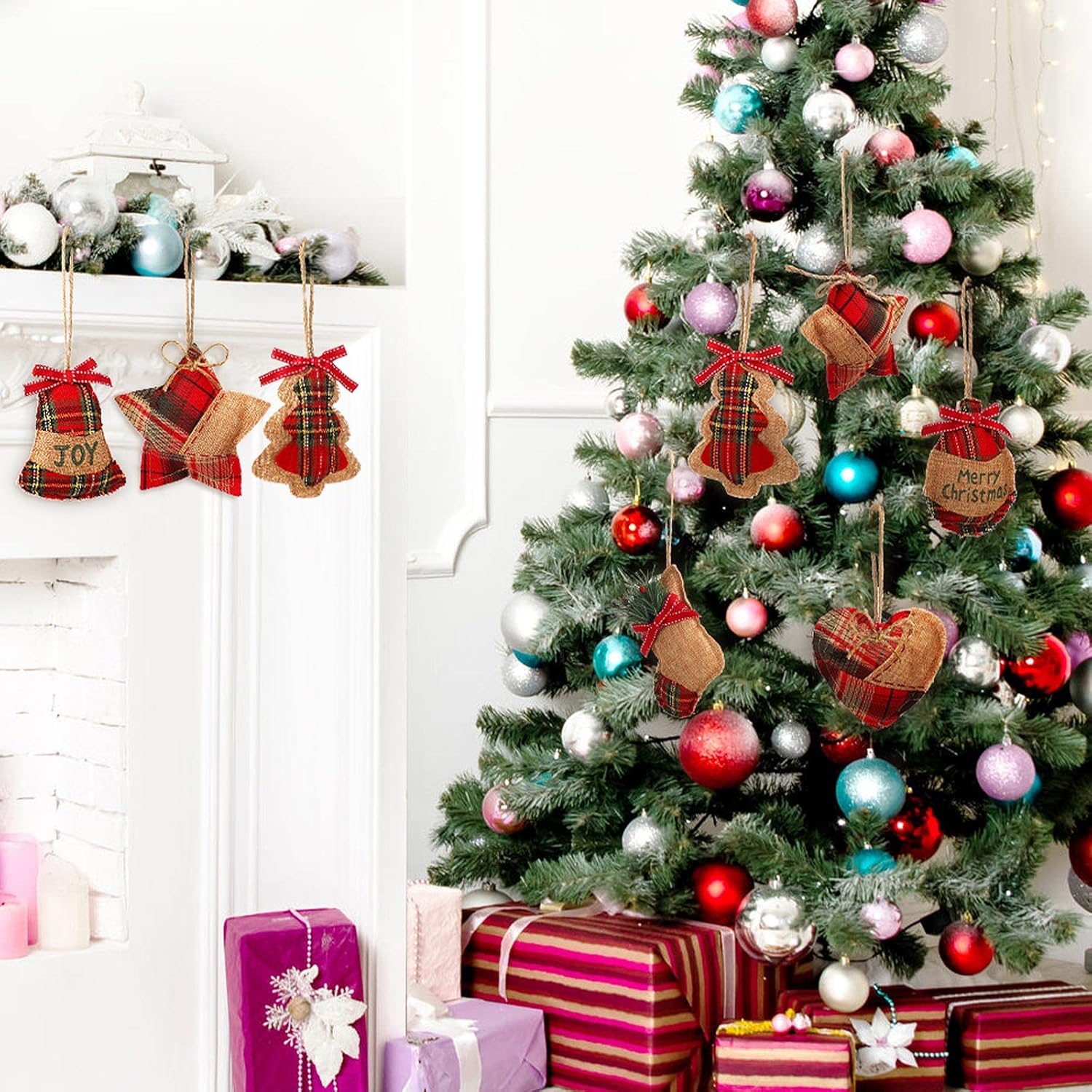 24 Pcs Burlap Christmas Ornaments Set Mini Stockings Funny Christmas Tree Ornaments Rustic Decorations Red Plaid Tartan Hanging Decoration Stocking Ball Tree, 8 Styles(Fresh)