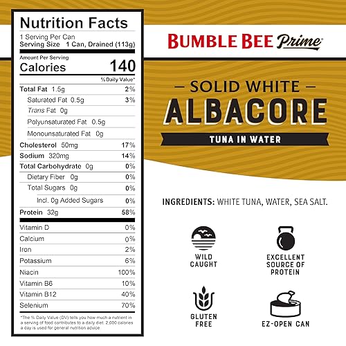 Miniatura 2 de Bumble Bee Prime Atún blanco blanco sólido en agua, atún capturado en la naturaleza premium, 1.18 onzas de proteína por porción, proyecto verificado