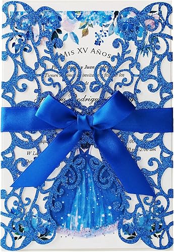 50 kits de invitación de boda con purpurina azul real de 5.12 x 7.28 pulgadas, corte láser, bolsillo floral hueco, invitaciones de boda impresas