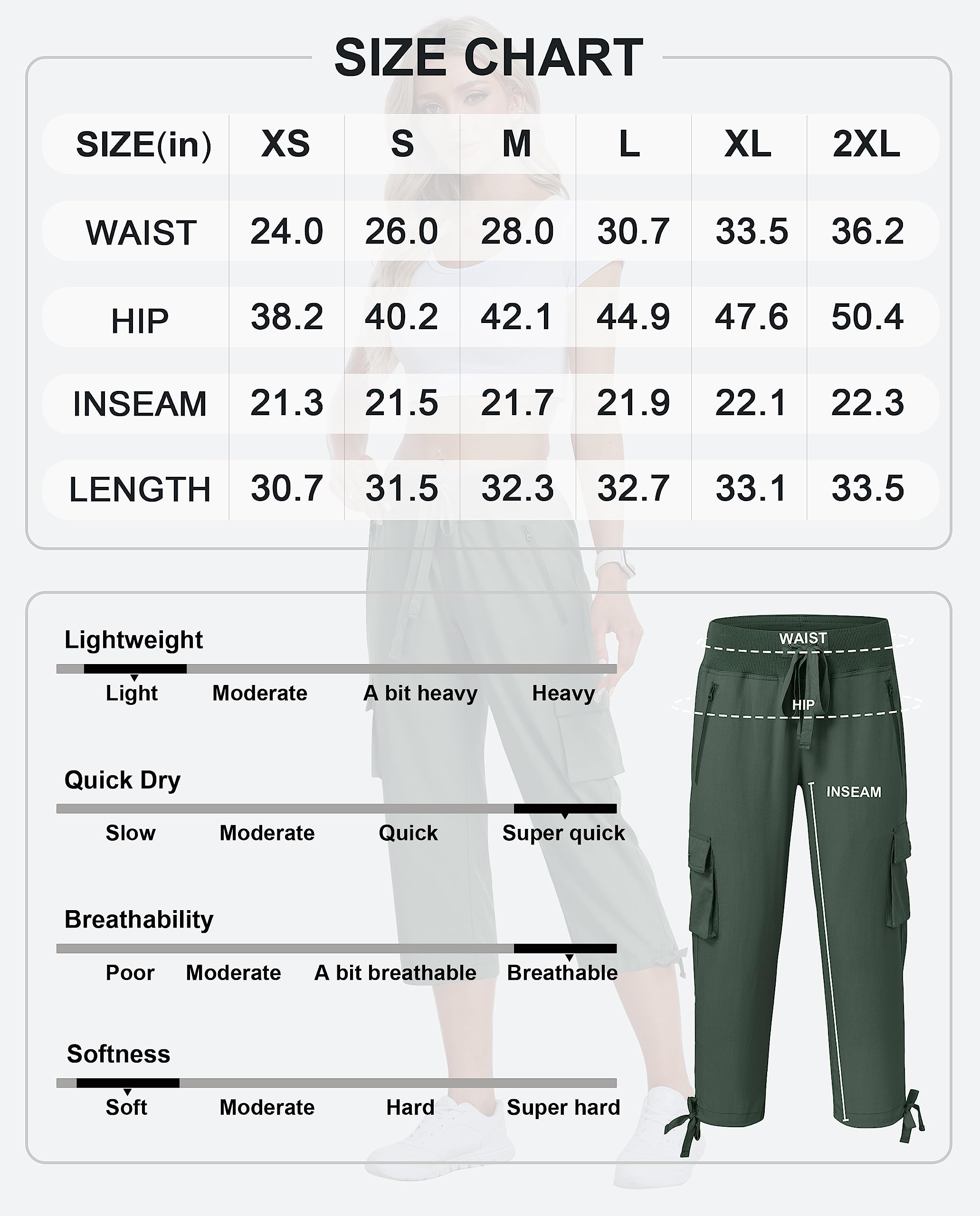MoFiz Pantalon capris cargo pour femme, coupe ample, pantalon de randonnée décontracté, léger, séchage rapide, pantalon d'été pour femme