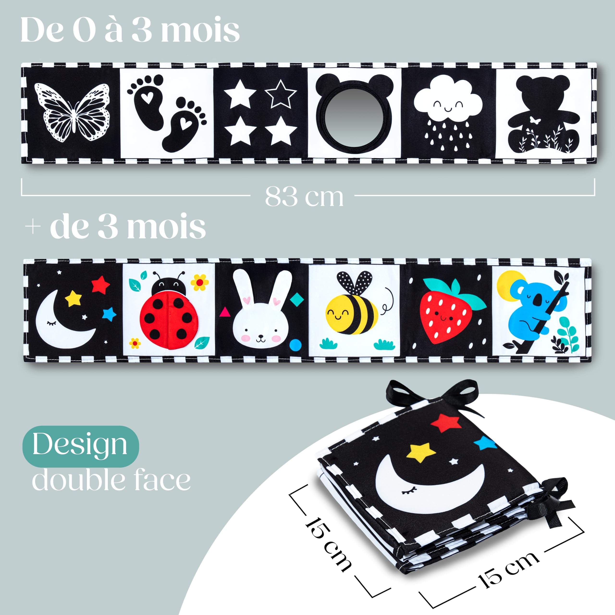 WELLODE Livre Tissu Bébé Eveil 0 3 6 12 Mois - Livre Noir et Blanc Bébé Montessori - Livre Sensoriel Bébé Naissance - Jeux Eveil Bebe 0 3 6 Mois - Tummy Time Bébé - Cadeau Parfait pour Bébé