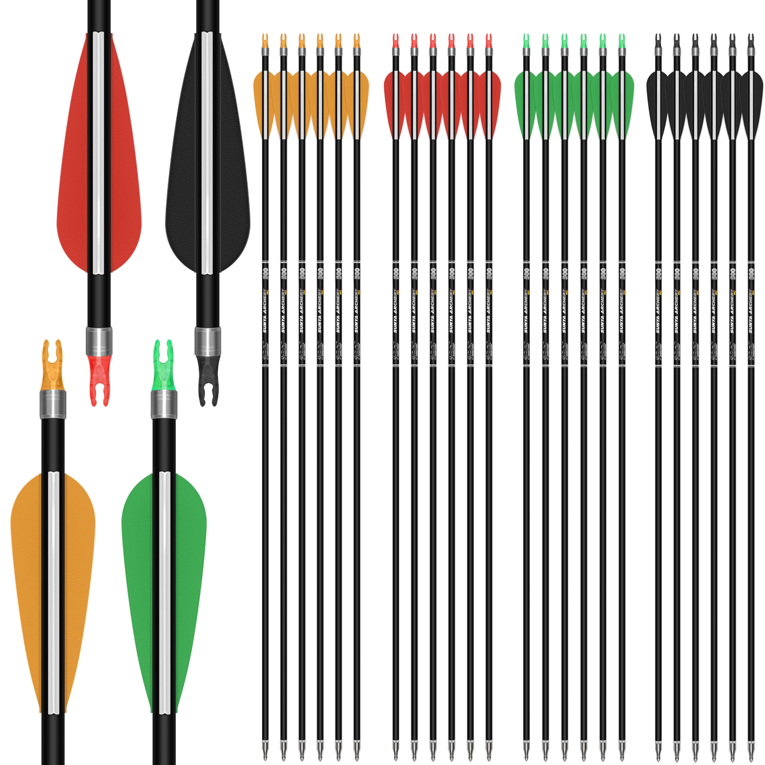 (SIMILAR)SUNYA Archery 24PCS Compound Bow Arrows for Practice. 30\" Carbon Shaft, Spine 500 with Removable Tips. 4 Colors Vane Fit for Indoor and Outdoor Archery.