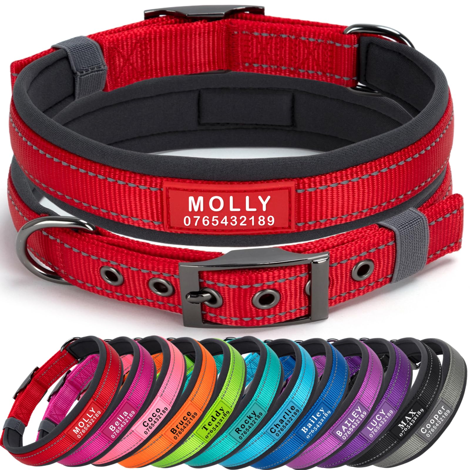 SEOUGEE Personalised Dog Collar with Name and Phone Number | Durable Metal Buckle | Ultra Wide Soft Neoprene Padded | Adjustable Reflective Dog Collar for Medium Large Dogs (L, Red 47-57cm)