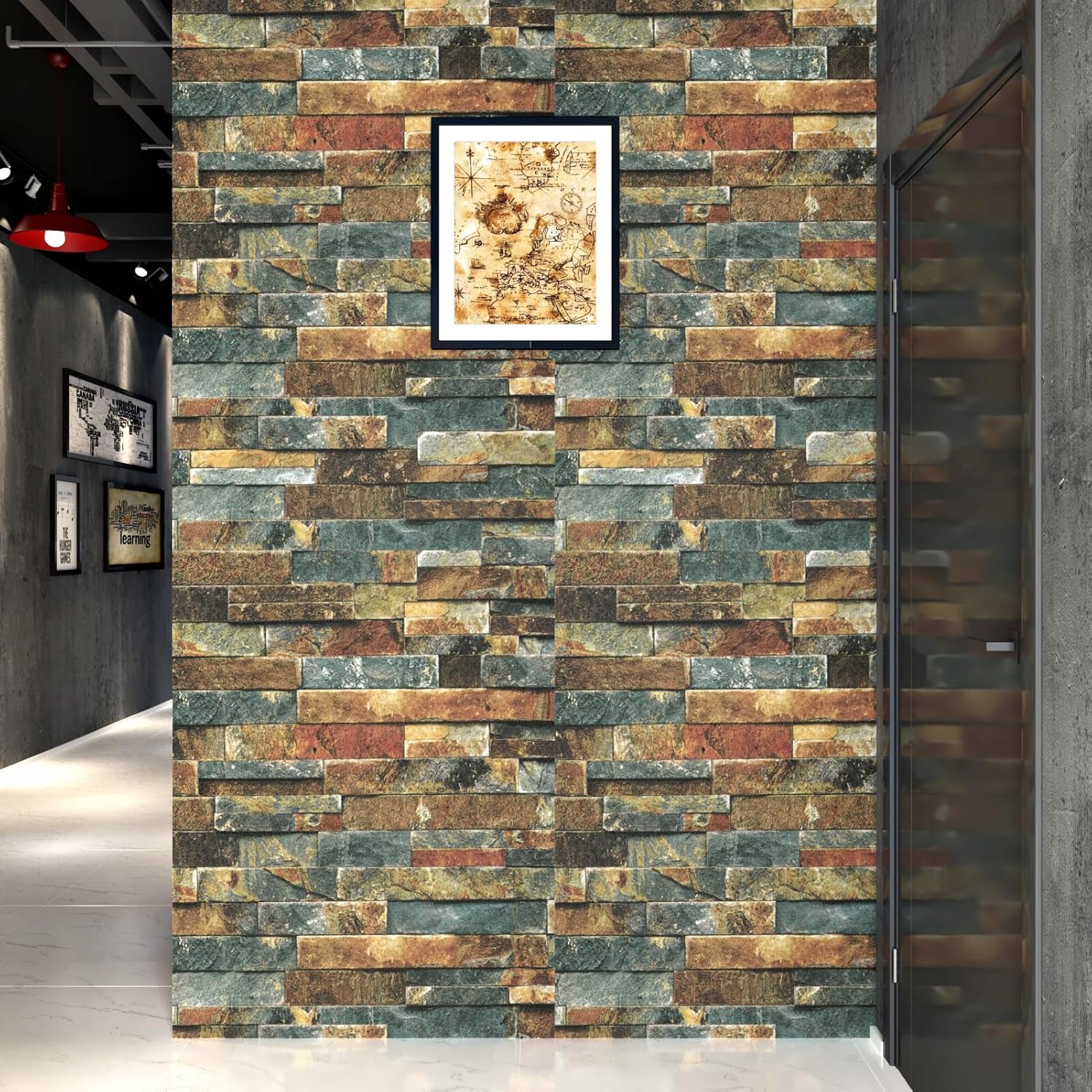 Wallercity Vintage Faux Blue/Brown Wallpaper Peel and Stick Wallpaper Waterproof Self-Adhesive Stone Wallpapers 3D Rock Textured Contact Paper for Kitchen Backsplash Living Room Bedroom 15.8''x78.7''