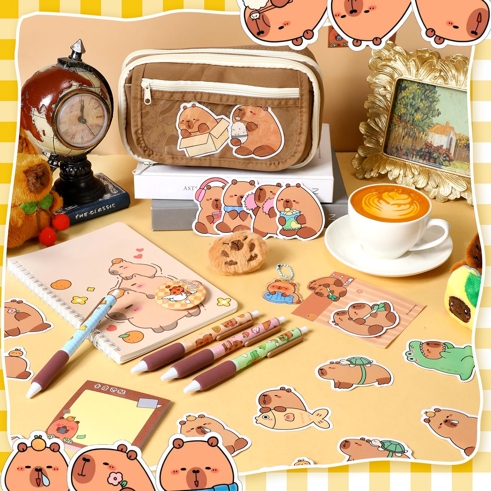 50 piezas de regalos de Capibara con mochila y juego de papelería, notas adhesivas, bolígrafos en espiral, broche, colgante para recompensas, regalo de cumpleaños