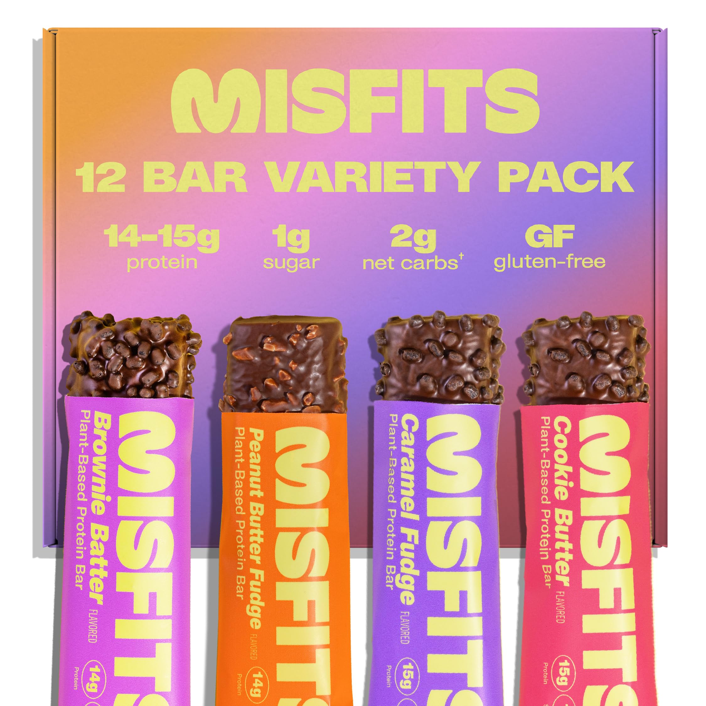 MisfitsProtein Bars - High Protein Candy Bars | Gluten Free Plant Based, Low Sugar & Carb, High Fiber Snacks | Variety Pack of 12 (4 Flavors)