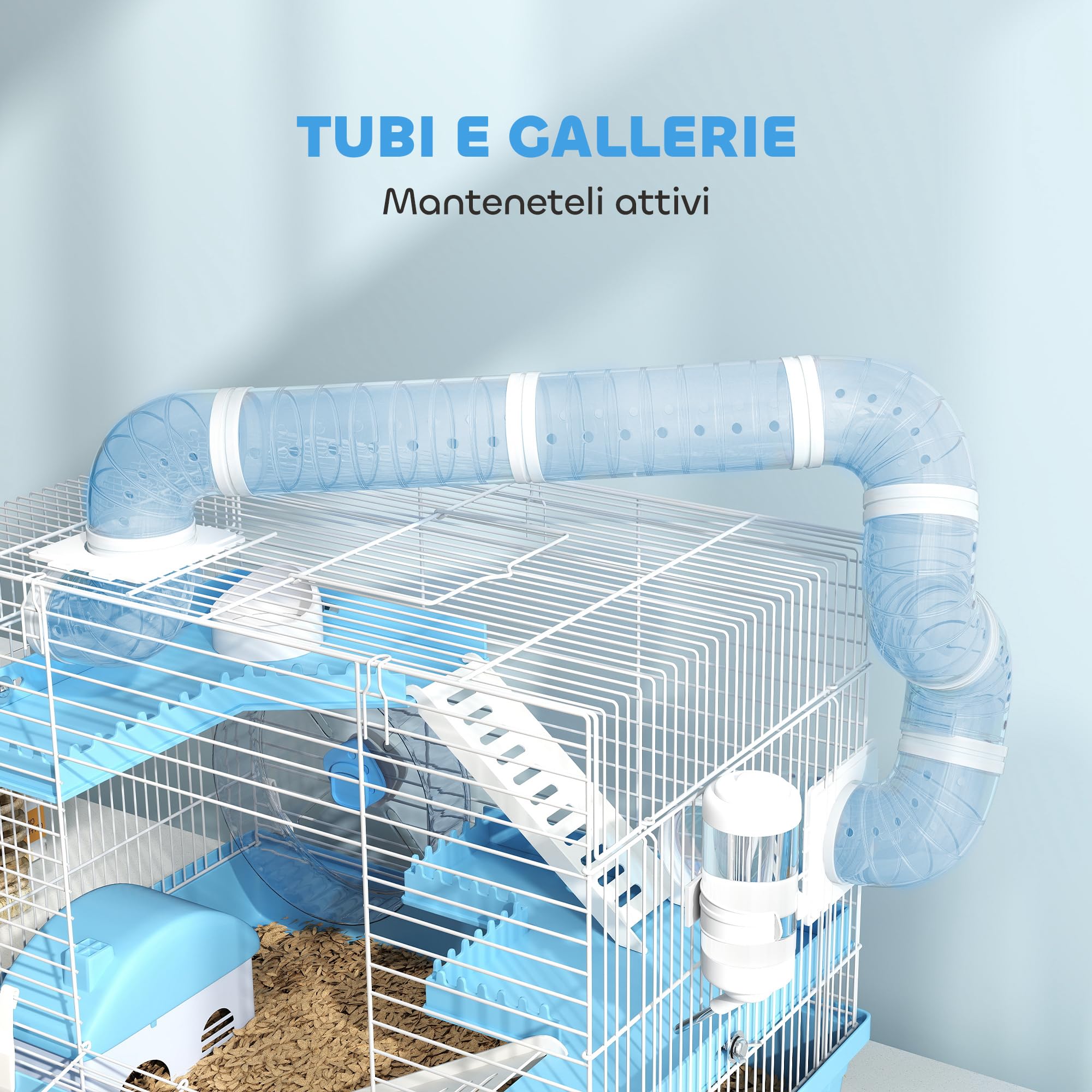 Gabbia Per Criceti PawHut A 3 Livelli - 47.5x31.5x29.5cm, Azzurra, Con Tubi, Ruota E Accessori