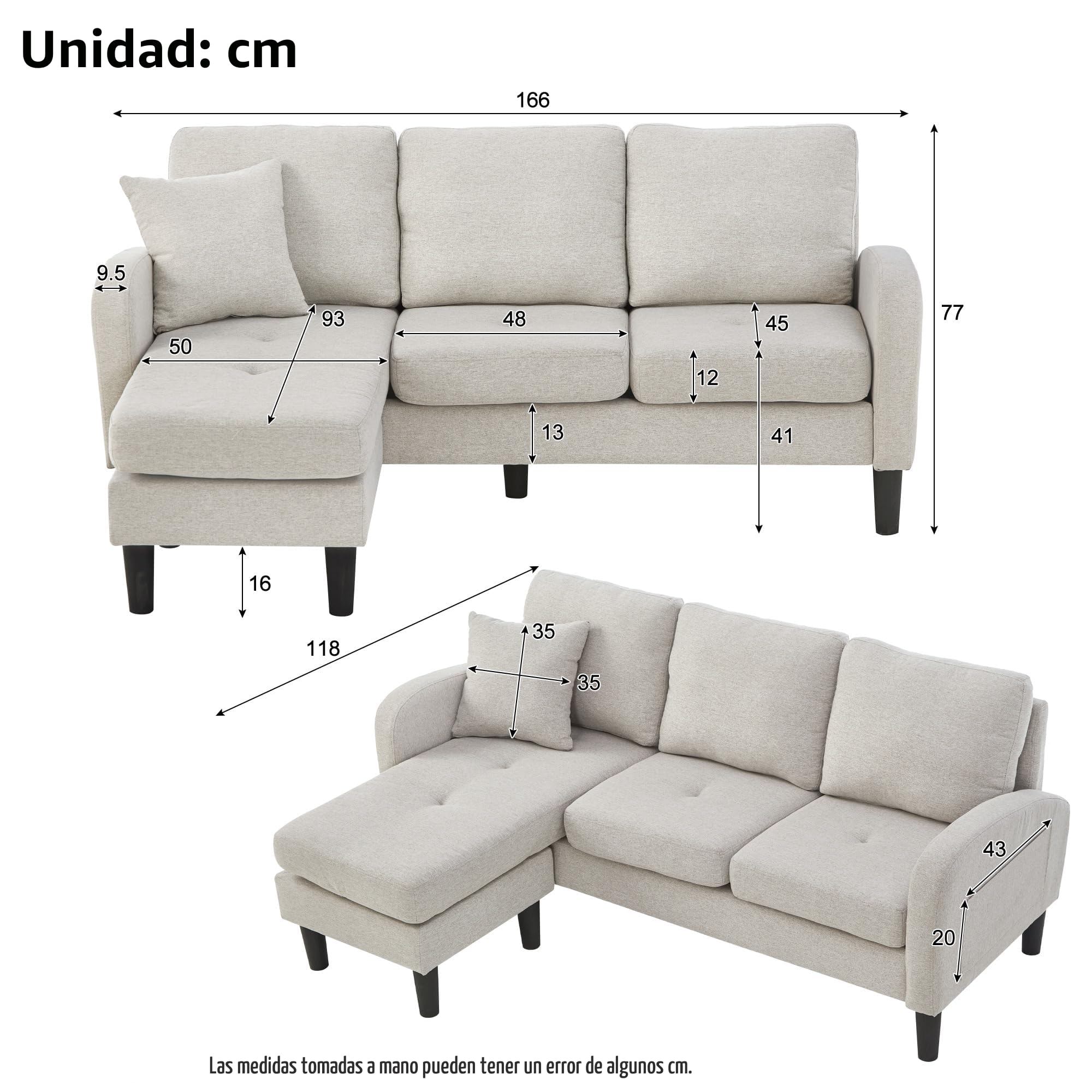 Sofá esquinero en forma de L con chaise longue – Sofá de 3 plazas, 166 x 118 x 77 cm, tela de lino de algodón transpirable, patas de plástico, diseño modular, ideal para salones, apartamentos y