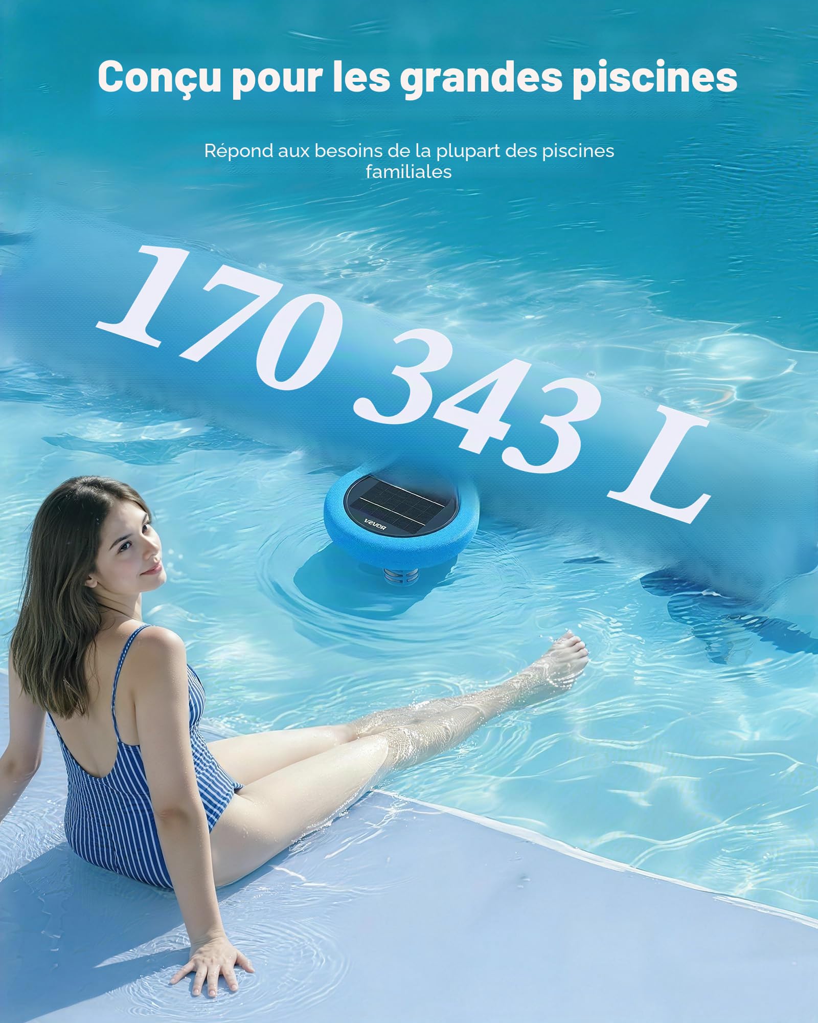 VEVOR Ioniseur Solaire de Piscine, Purificateur à Ions de Cuivre Rond, jusqu'à 170343 L, pour Spas et Bains à Remous, Nettoyeur Flottant Automatique, avec Anode en Cuivre et Brosse, Eau sans Chlore