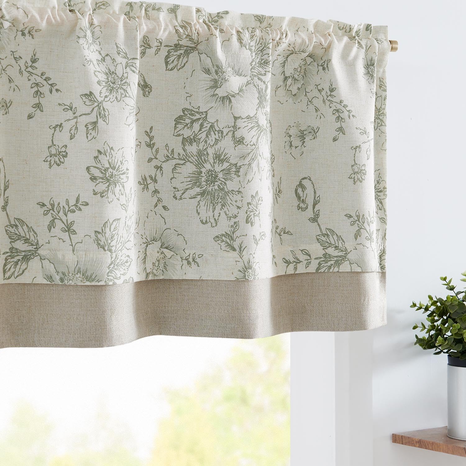 jinchan Linen Floral Valance Double Layer Kitchen Window Curtain Green Flower on Beige Valance for Living Room Cafe Farmhouse Light Filtering Rustic