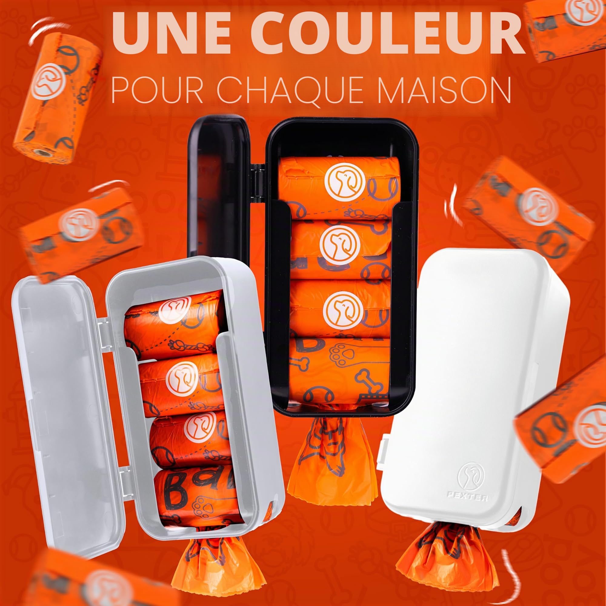 Pexter Distributeur de sacs à déjections canines - Station de distribution de sacs à déjections canines - Pour l'extérieur ou l'intérieur - Support mural à coller ou à visser - 4 rouleaux de sacs pour