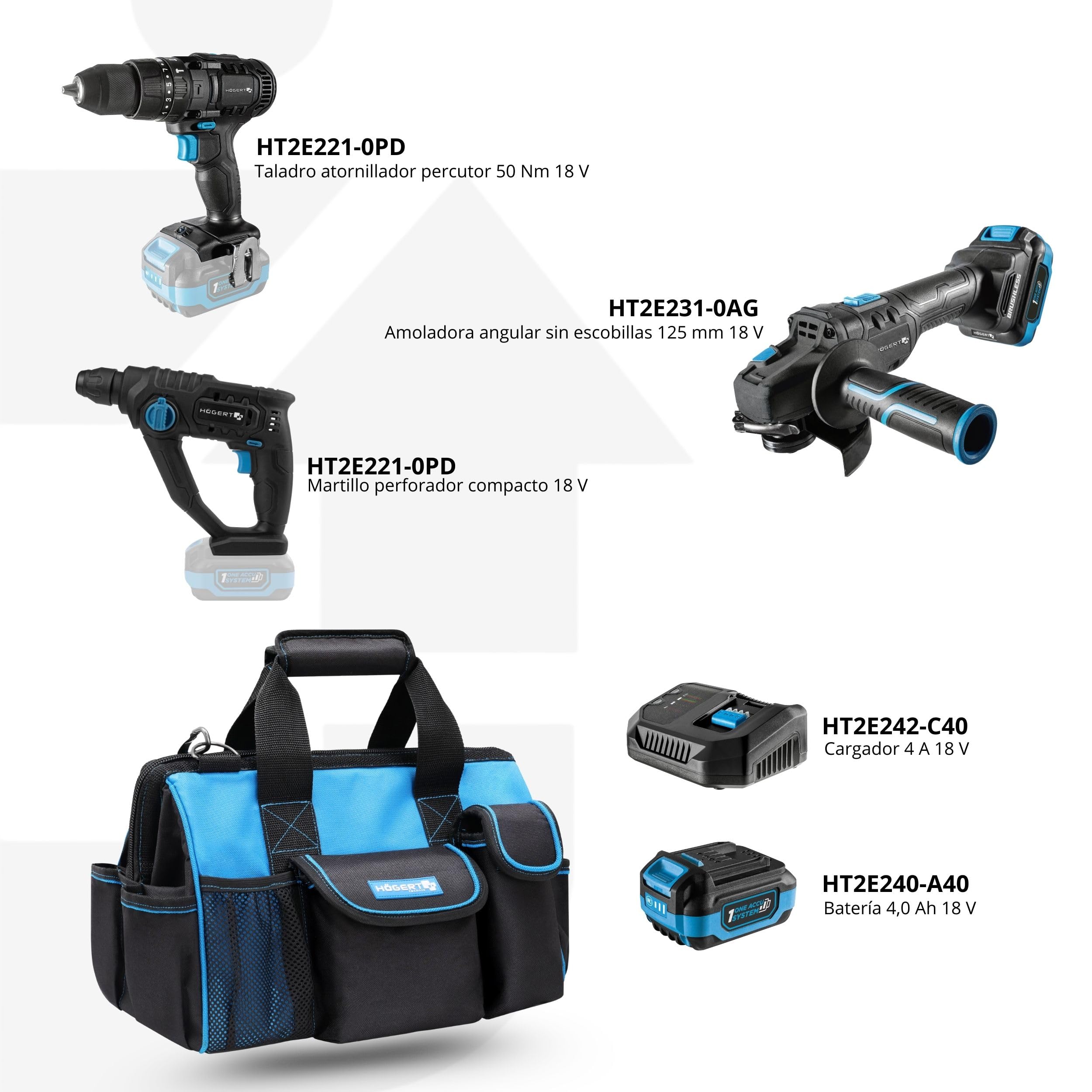 HÖGERT TECHNIK - Juego de herramientas eléctricas a batería 18 V Taladro percutor Martillo perforador SDS+ Amoladora angular 125 mm 2 baterías de 4 Ah Cargador de 4 A Juego de herramientas