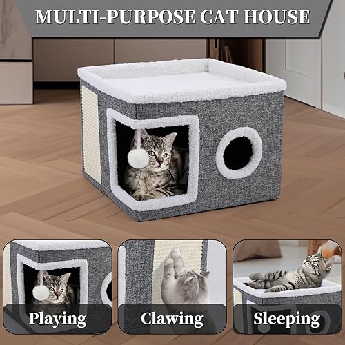 Miniatura 2 de Camas para gatos de interior, cueva grande para gatos con condominio acogedor, bola colgante esponjosa, ventana redonda, casa plegable para gatos de