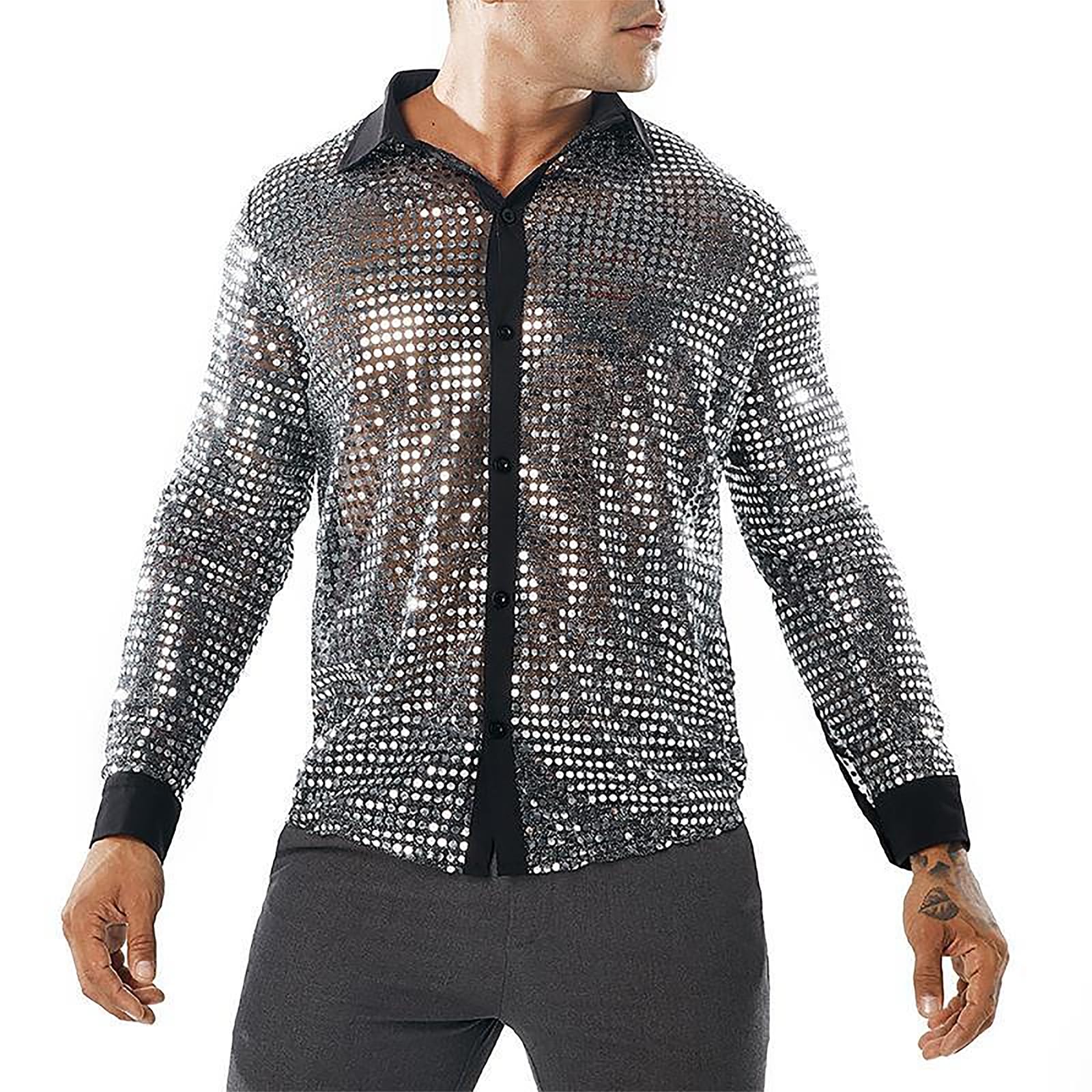 RUIXIA Chemise Disco Homme Chemise Paillettes Brillant Manches Longues Costume de Disco Style Rétro Années 70 80 Tenu Boutonné Semi-Transparent de Danse Bal Carnaval Fête Performance
