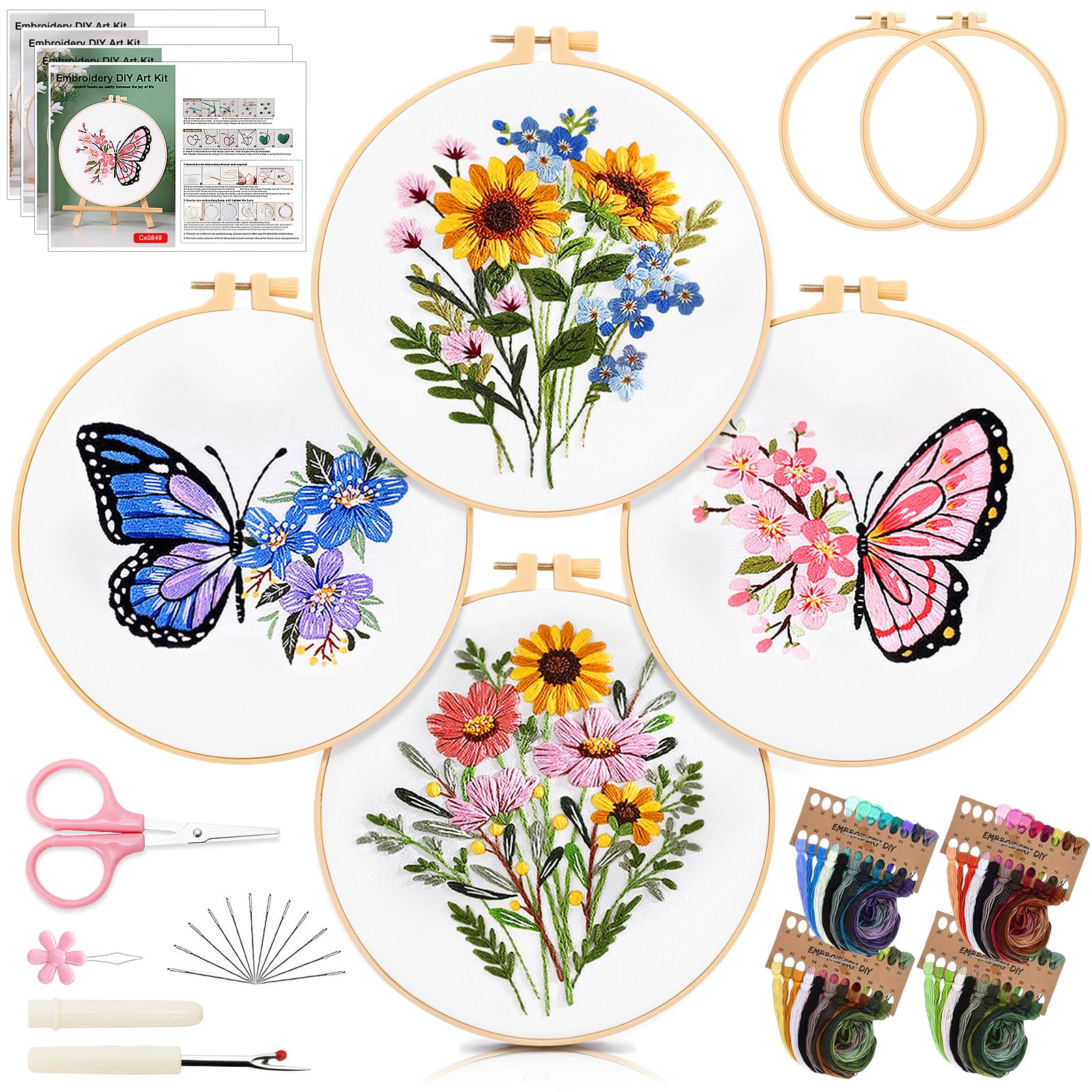 Embroidery Kit For Beginners Butterfly Full Range Starter Beginner Stamped Design Cross Stitch With Flower Pattern Diy Art Craft Embroidery Pattern Bamboo Embroidery Hoop Scissors Threader (color1)