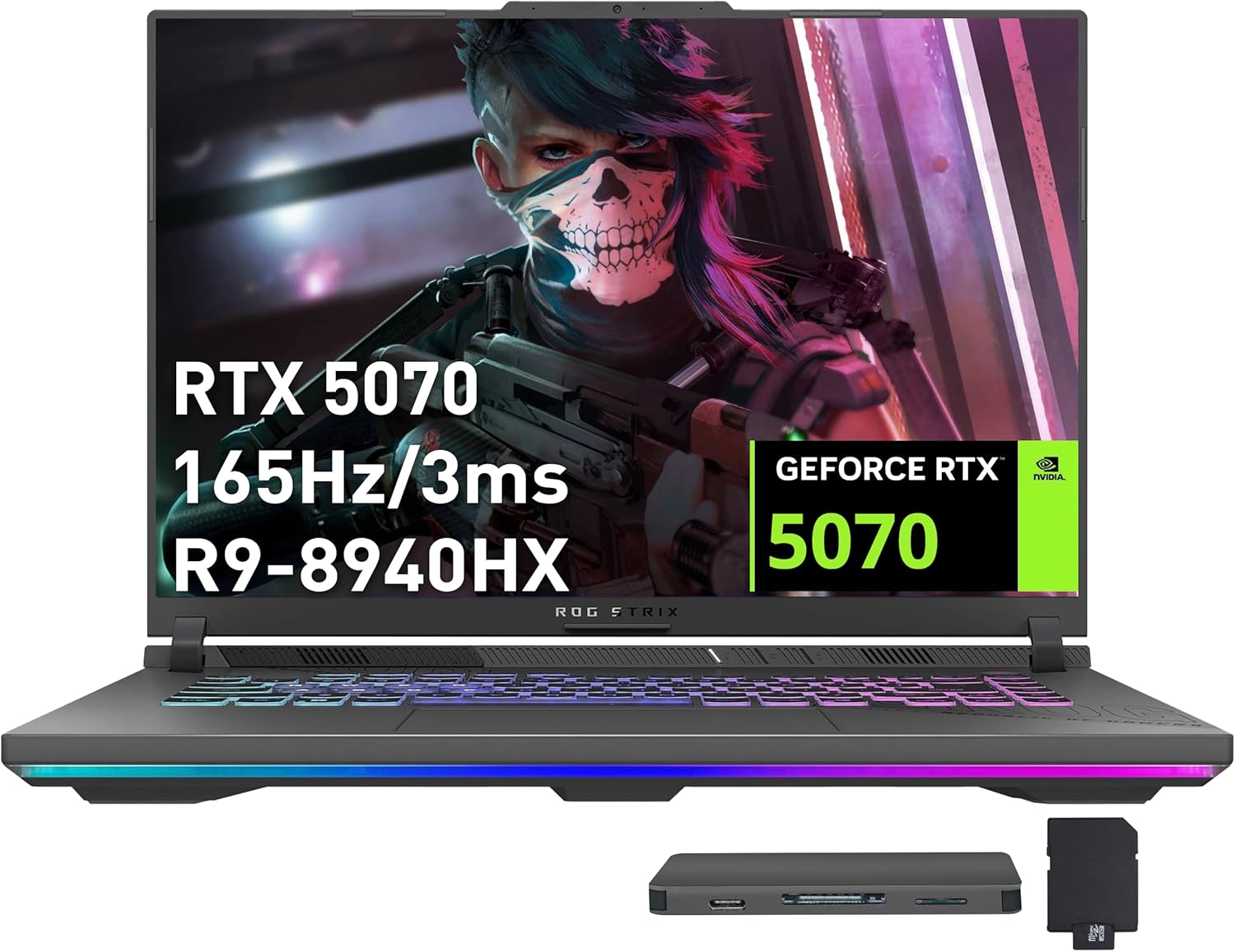 ASUS ROG Strix G16 16" WUXGA 165Hz Gaming Laptop, GeForce RTX 5070 8GB GDDR7, AMD Ryzen 9 8940HX, 16GB DDR5, 2TB Storage (1TB SSD+1TB Docking Station Set), 4-Zone RGB Backlit Keyboard, Win 11, Gray