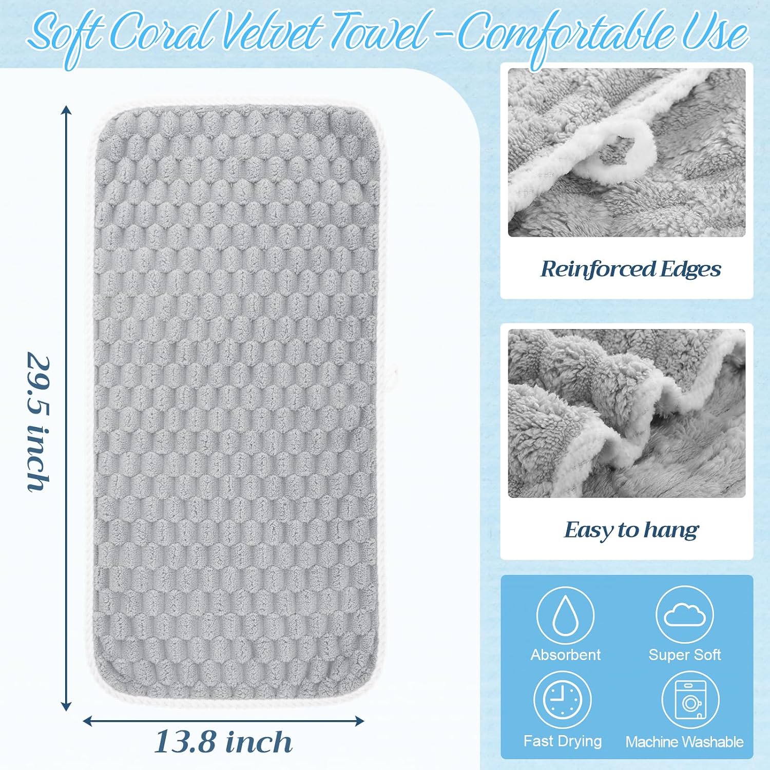 Peryiter 6 Pcs Hand Towels Set Small Microfiber Quick Dry Soft Hand Towel with Hanging Loop Absorbent Decorative Cleaning Bath Towels for Bathroom Kitchen Shower Spa Gym Travel Supplies 13.8''x29.5''