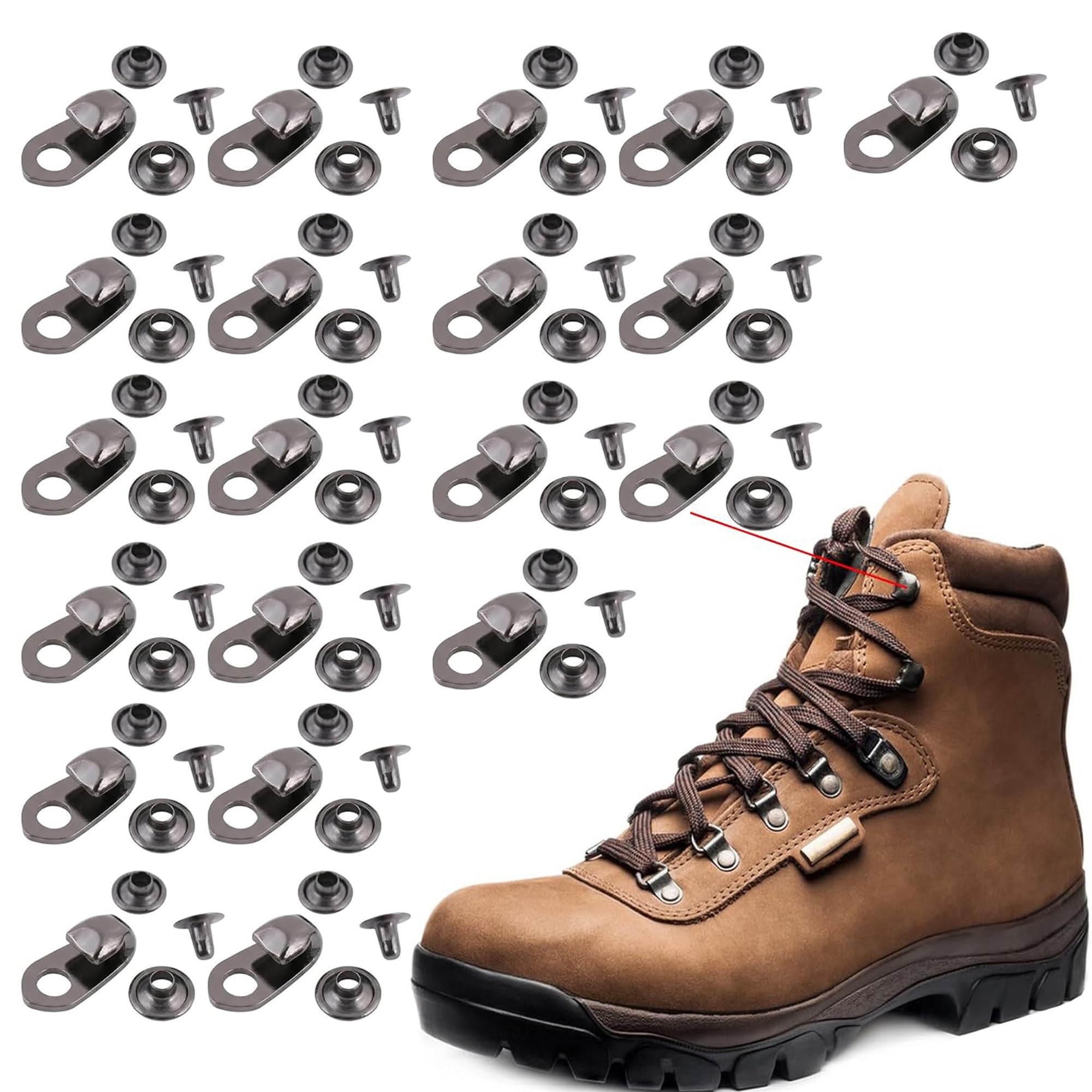 Ganchos de encaje para botas, remaches de aleación gris, ojales y hebillas de gancho rápido para reparación al aire libre