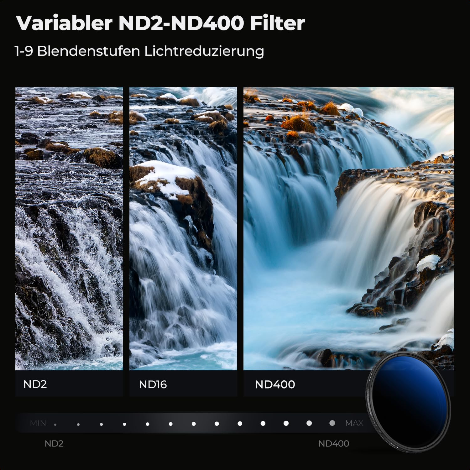 K&F CONCEPT 43mm ND Filter Variabler Graufilter ND2-ND400 (1-9 Blendenstufen) mit DREI Reinigungstücher für Landschaftsfotografie（Nano-Klear Serie）