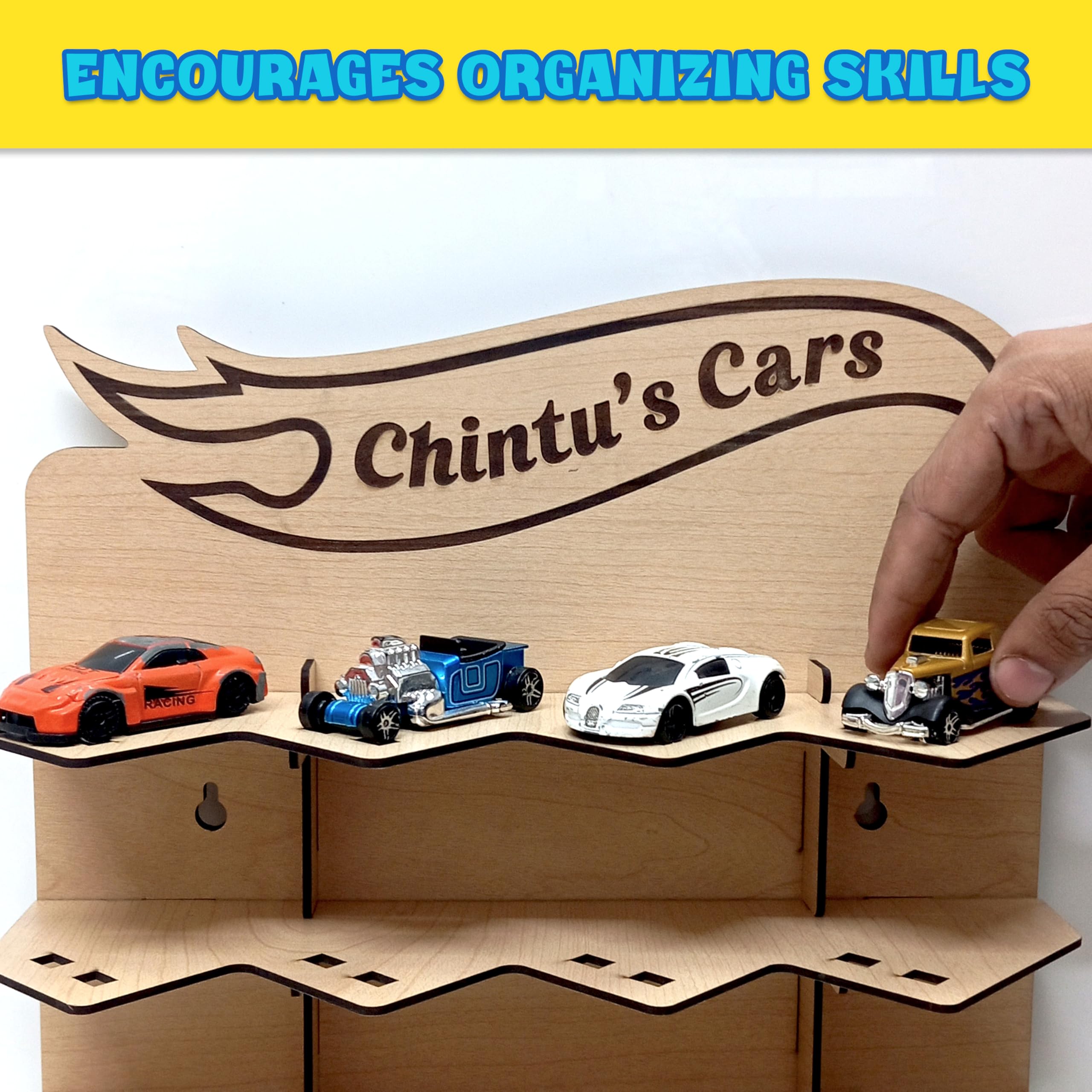 Hotwheels Display Case for Cars – Customised Personalised Gift for Boys – Wooden Wall Hanging Car Stand to Hold 20 Toy Cars – Garage Style Storage Shelf – Without Toys (Only Stand)-Swagstation - Image 7 thumbnail