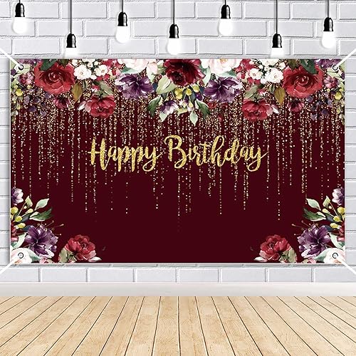 Cartel de feliz cumpleaños, decoración de fiesta de cumpleaños de rosa roja para mujer, con purpurina dorada floral, suministros de fiesta de