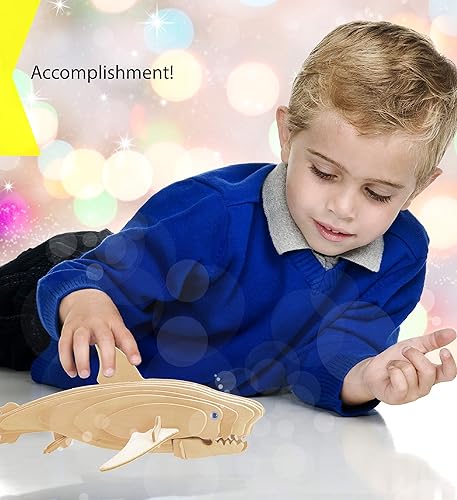 Miniatura 6 de Puzzled Rompecabezas 3D, gran tiburón blanco, kit de modelo de construcción de madera para manualidades, juguete educativo de madera de la vida