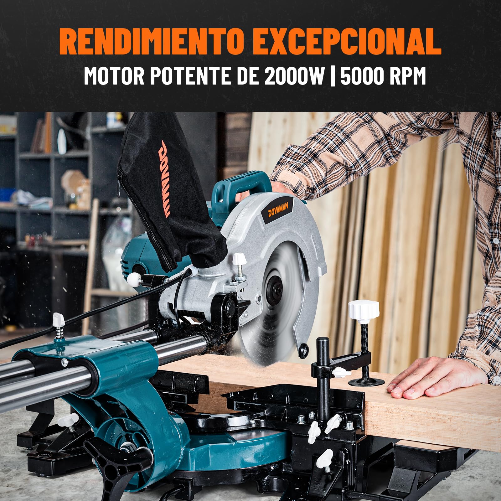 DOVAMAN DMS01A Scie à Onglet Radiale 2000W 2 Vitesses 3200/5000 RPM 3 Lames TCT Coupe Max 340x90mm Inclinaison 0–45° Guide Laser