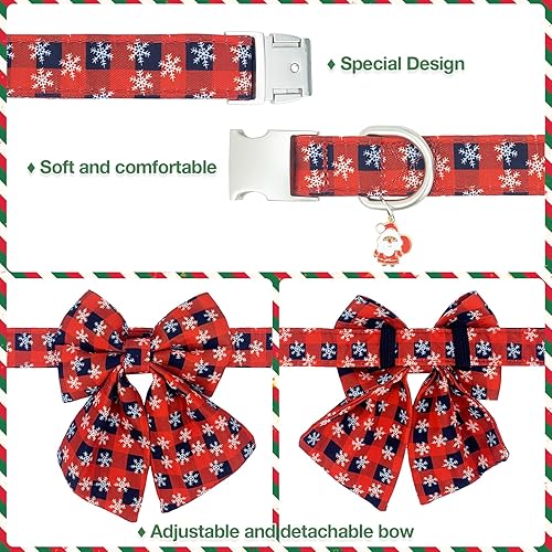 Miniatura 2 de HIIXHC Collar de Navidad para perro con corbatín, collares suaves y ajustables para mascotas con hebilla de metal segura, collar de copos de nieve