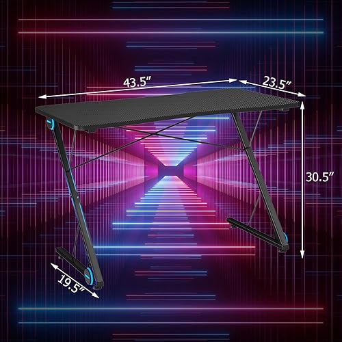 Miniatura 3 de Tangkula Escritorio para computadora de juegos, mesa de computadora en forma de Z con luces LED y gran superficie de fibra de carbono, estación de