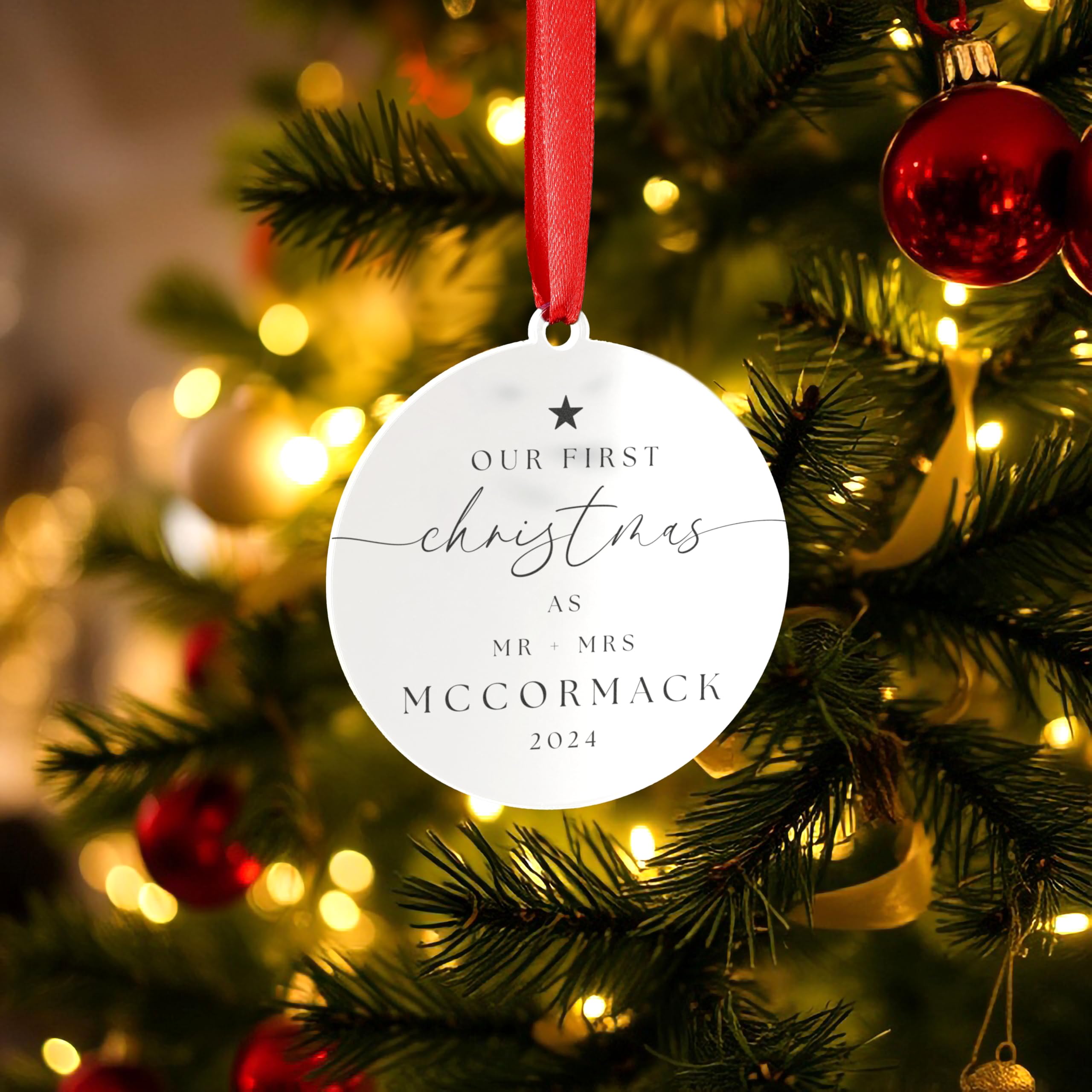 Personalised Christmas Bauble Ornament Couples Gift Newly Weds Engagement Wedding Present Our First Christmas (White)