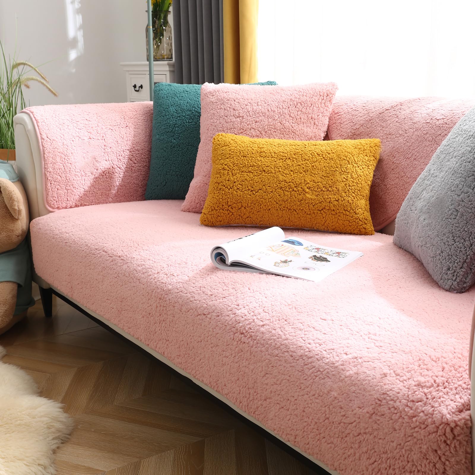 SHANNA Thick Lamb Faux Sofa Cover 1 2 3 4 Seater, New Universal Non-Slip Corner Sofa Cover L Shape Super Soft Dust-Proof Sofa Slipcovers for Living Room(Pink, 70 * 150cm Seat Cover)