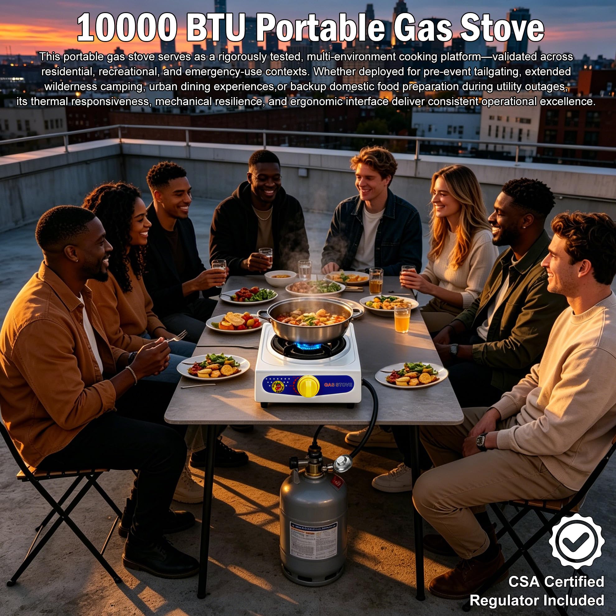Dr.Camp 10000 BTU Automatyczny zapłon, pojedynczy palnik, ogród, podwórko, kemping, turystyka, propan, kuchenka z regulatorem i wężem gazowym, kolor biały